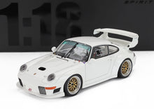 White Porsche 911 1:18 scale model with gold wheels and large rear wing, available at Vroomi