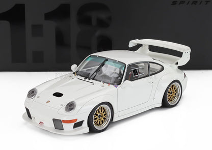 White Porsche 911 1:18 scale model with gold wheels and large rear wing, available at Vroomi