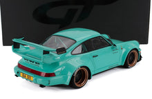 Tiffany blue RAUH-Welt Porsche 911 scale model with wide body kit, large rear wing, and bronze wheels available at Vroomi