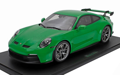 Green Porsche 911 GT3 scale model car in 1/18 die-cast displayed on black base, available at Vroomi