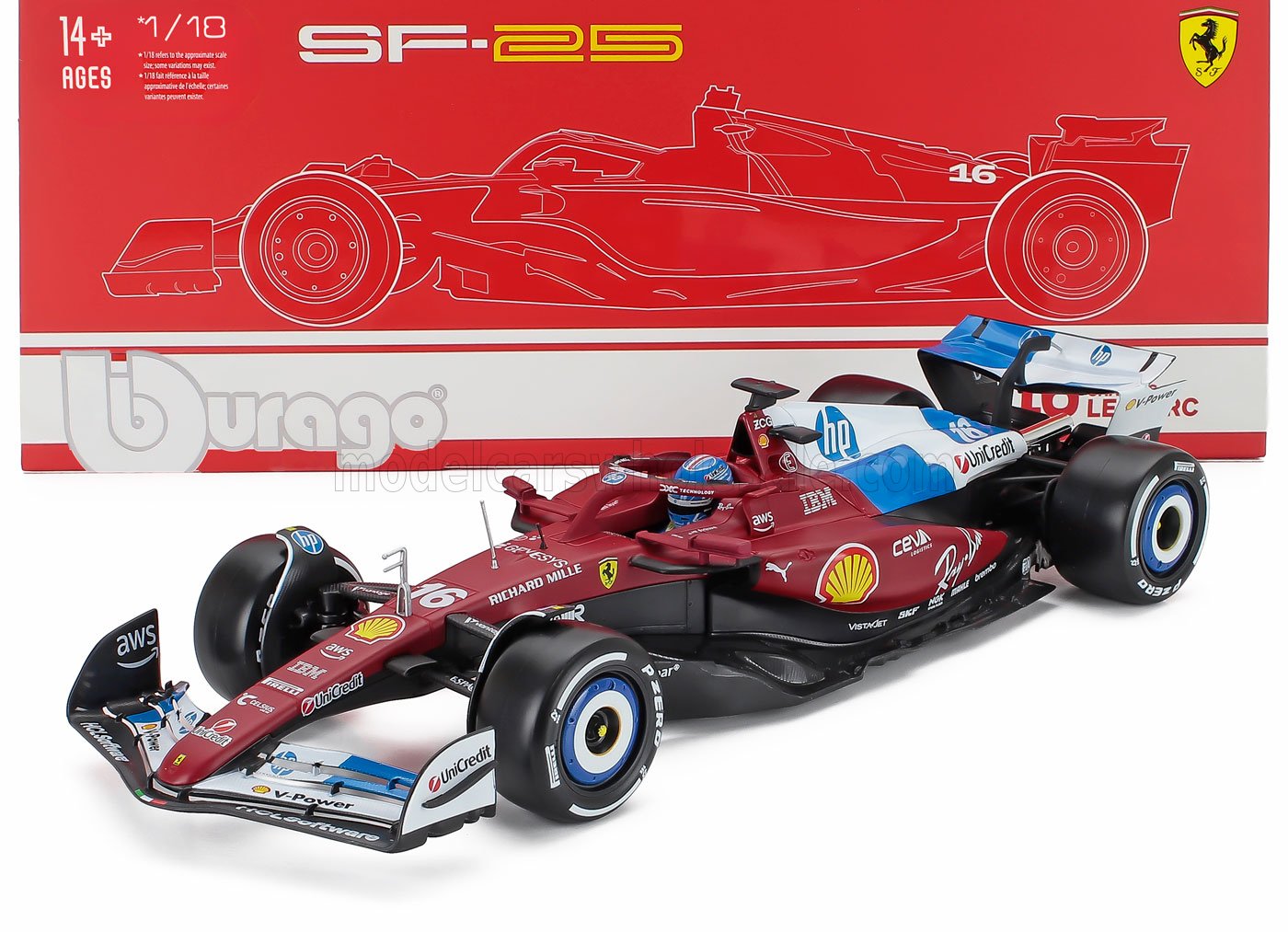 Ferrari SF-23 1/18 scale model Formula 1 car die-cast replica, available at Vroomi.