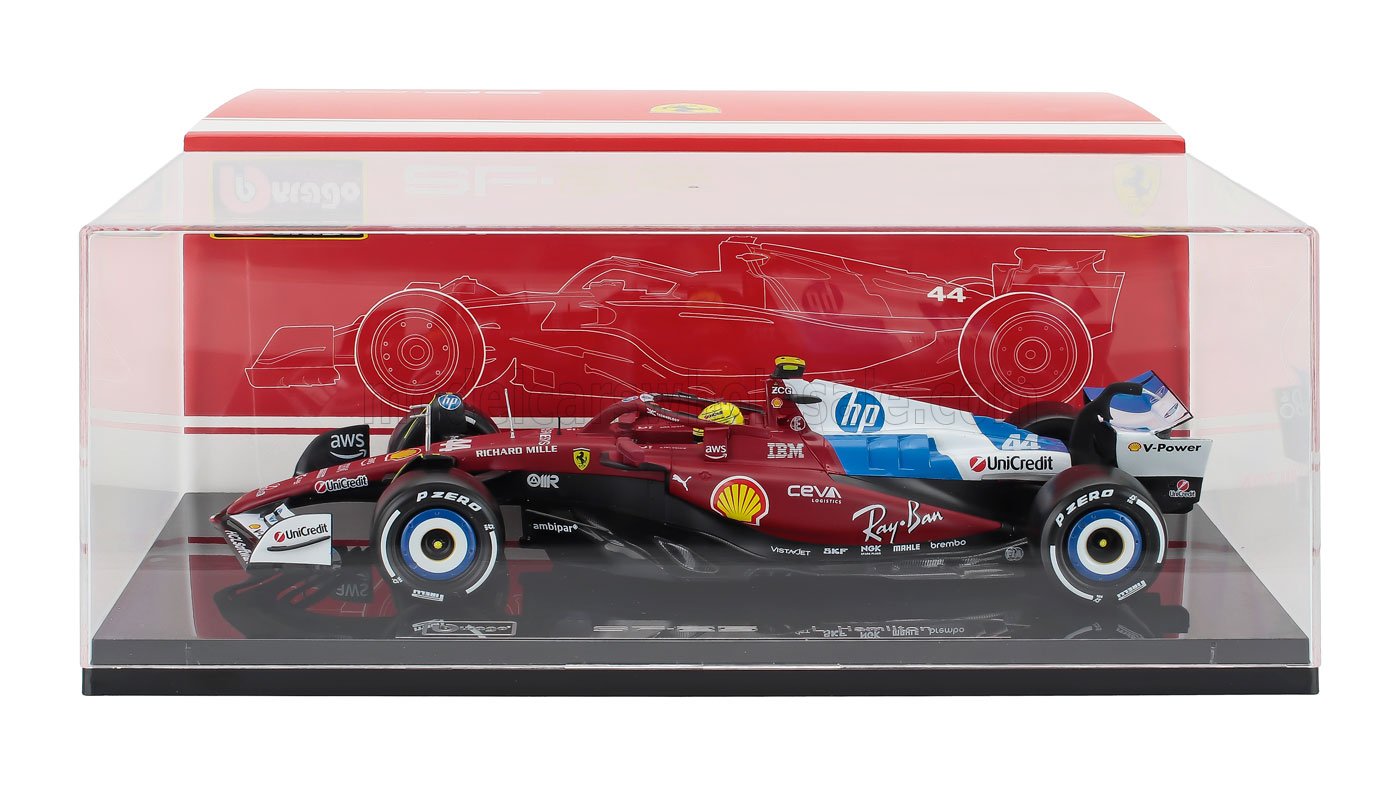 Ferrari F1 die-cast scale model car in display case, collectible available at Vroomi
