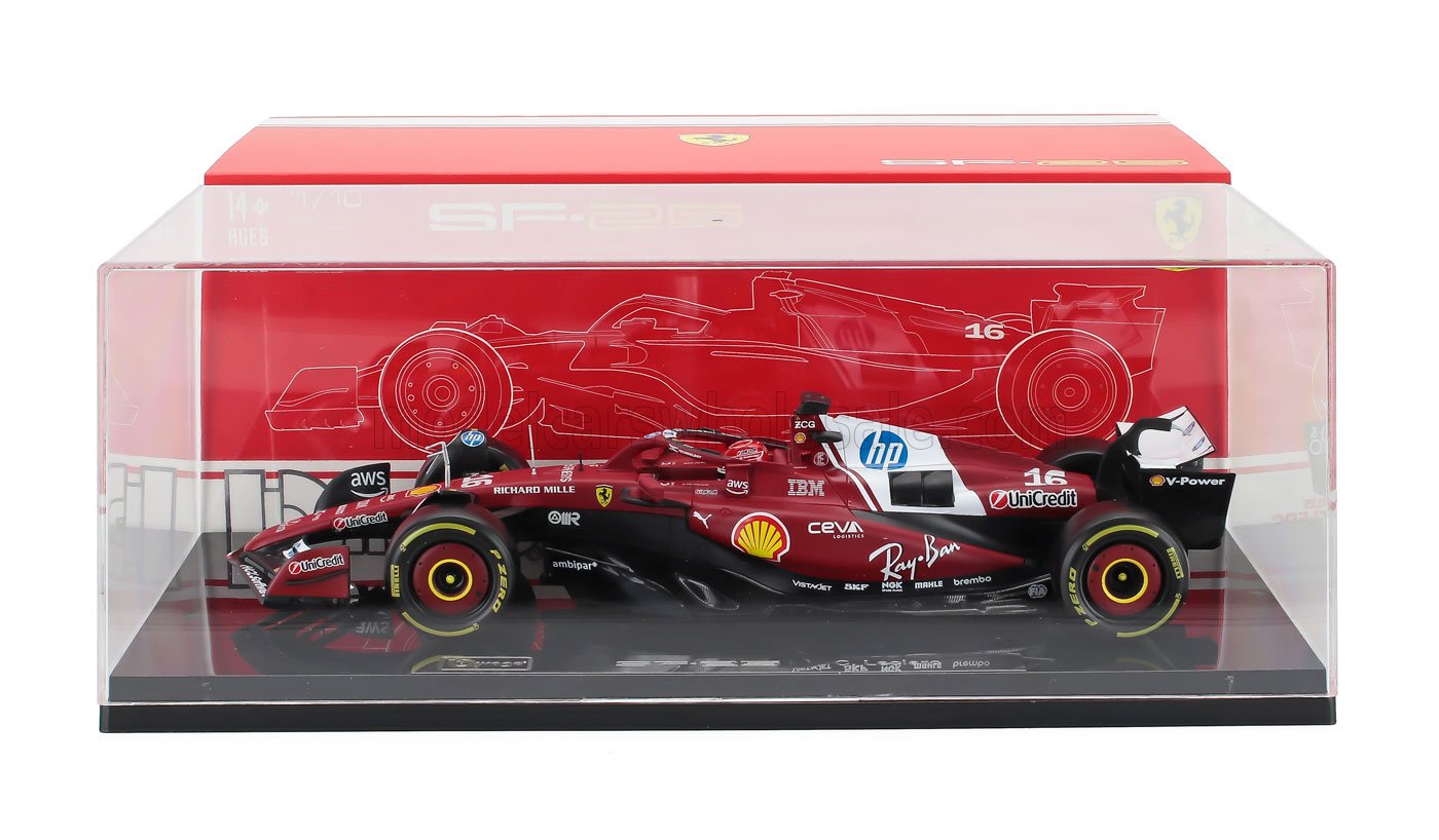 Ferrari SF-23 1/18 scale model Formula 1 car in display case, collectible available at Vroomi