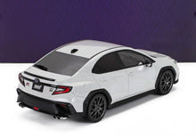 White Subaru WRX STI 1/18 scale model car with black wheels, available at Vroomi.