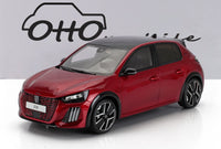 Modellino in scala Peugeot 208 rosso con tetto nero, esposto da Vroomi per collezionisti.