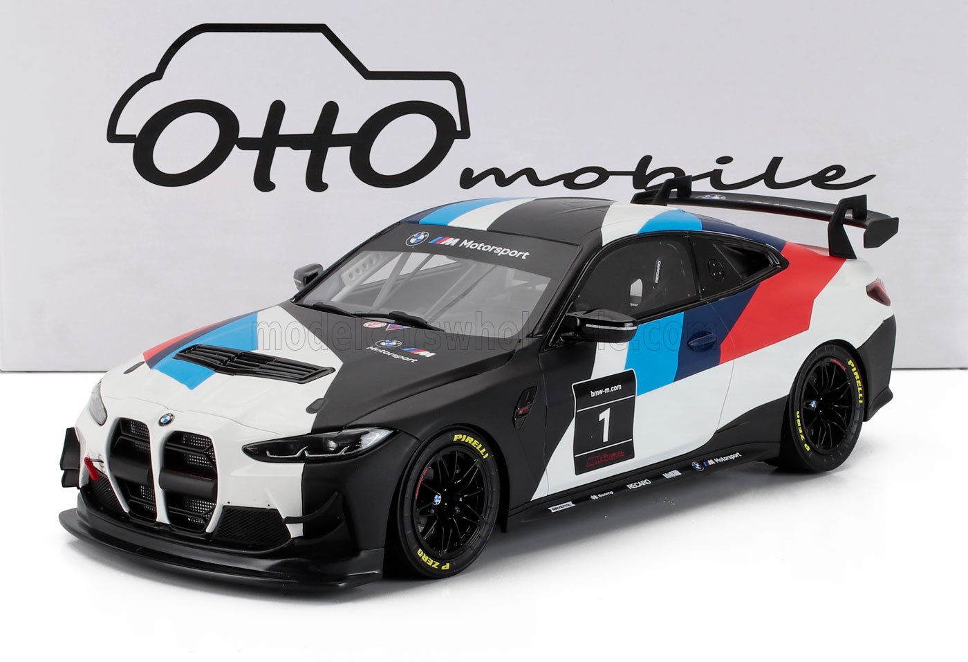 BMW M4 GT3 race car model with M Motorsport livery, black and white body, available on Vroomi