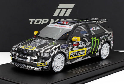 Black and white Ford Escort rally car model with Pennzoil and Monster logos, shown on display platform, also offered on Vroomi