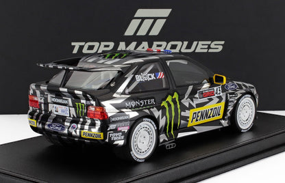 Black and white rally car model with Monster, Pennzoil, and Ford logos on display platform, offered on Vroomi