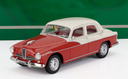 Modelo clássico de carro Alfa Romeo em escala 1:18, nas cores vermelho e creme, disponível para colecionadores na Vroomi.