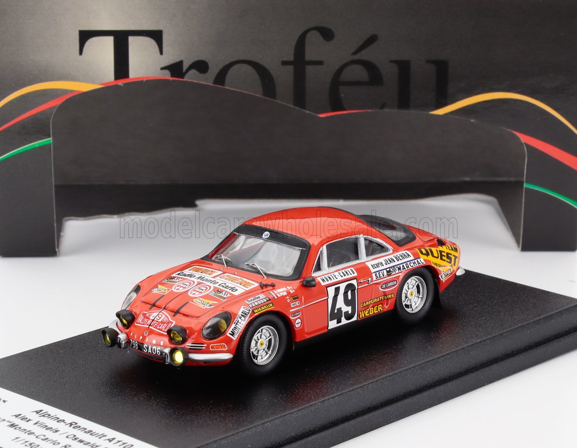 Voiture miniature Alpine-Renault A110 rouge N 49 Rallye Monte-Carlo, présentée sur socle noir chez Vroomi