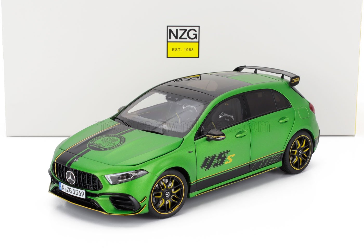 Green Mercedes AMG A45S model car with black racing stripes and yellow accents, sold on Vroomi