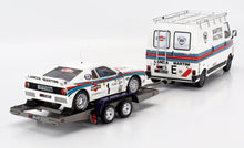 LANCIA - RALLY SET - 037 TEAM MARTINI RACING Gr.B (night version) N 1 WINNER RALLY MONTECARLO 1983 WALTER ROHRL - CHRISTIAN GEISTDORFER + FIAT 242 VAN ASSISTANCE WITH TRAILER - WHITE BLUE RED