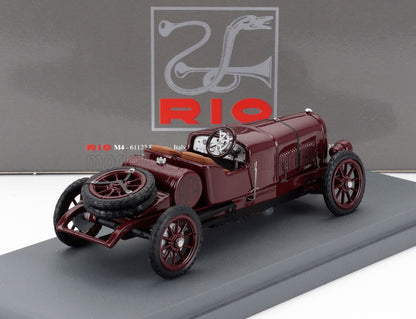 Maroon vintage model car with spare tire on display stand, available on Vroomi platform