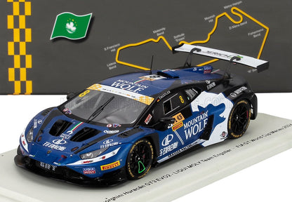 1/18 scale model of blue Mountain Wolf Lamborghini Huracán GT3 EVO2 race car with sponsor decals, available at Vroomi