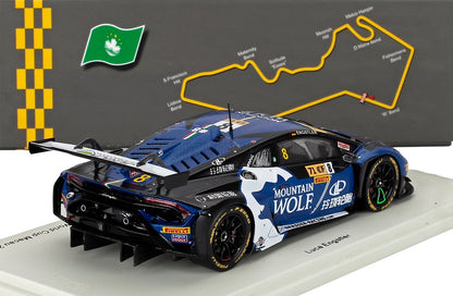 Blue and black Mountain Wolf race car model with rear wing and Pirelli tires, displayed with Macau GP circuit map, available at Vroomi
