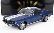 1968 blue Ford Mustang GT model car with white racing stripes, detailed wheels, available on Vroomi
