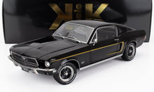 1968 black Ford Mustang GT model car with gold stripe and BFGoodrich tires, featured on Vroomi