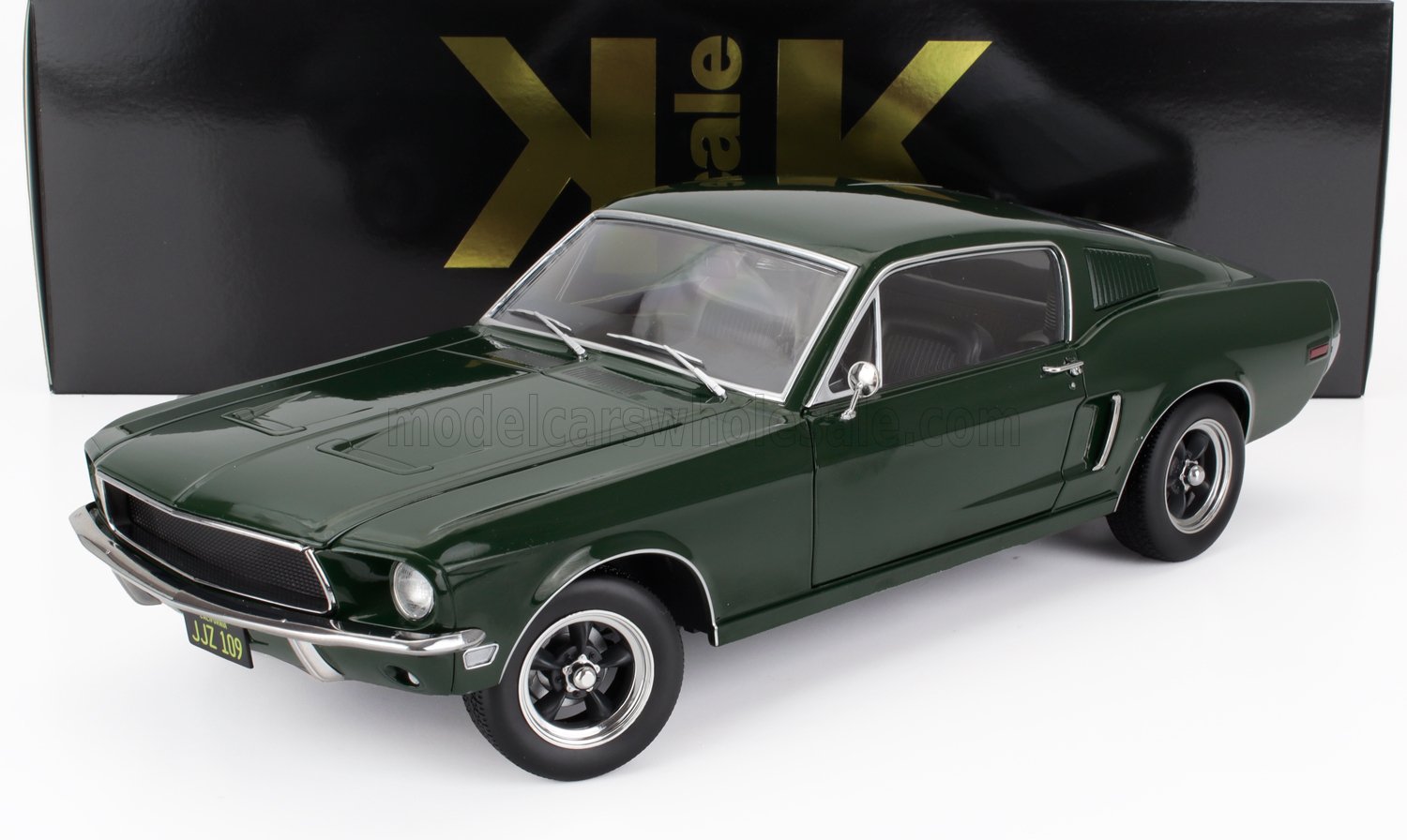 Dark green 1968 Ford Mustang GT model car with black wheels, displayed with black and gold packaging, now offered on Vroomi