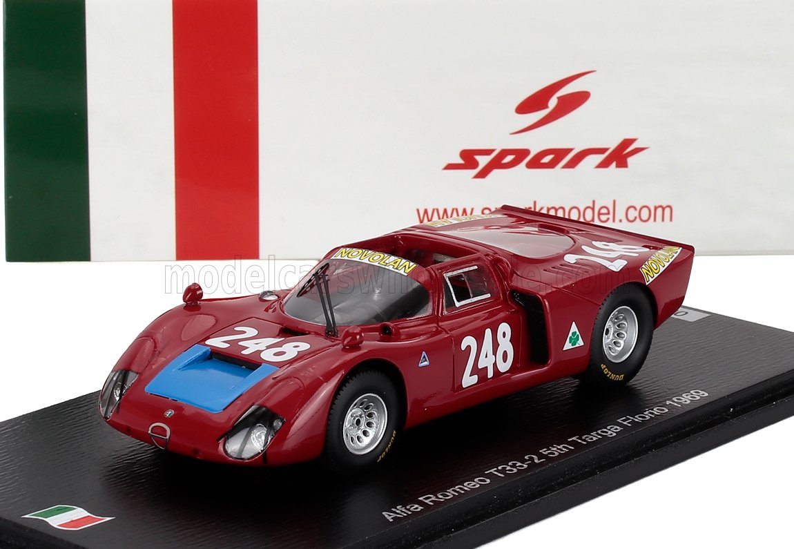 Red Alfa Romeo T33-2 1969 scale model car with number 248, blue hood vent, displayed on black base, available at Vroomi