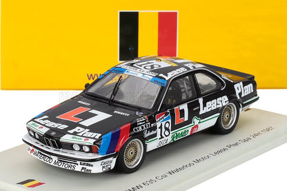 1/18 scale model of BMW 635 CSi race car with Lease Plan livery, Belgian flag backdrop, shown on display base
