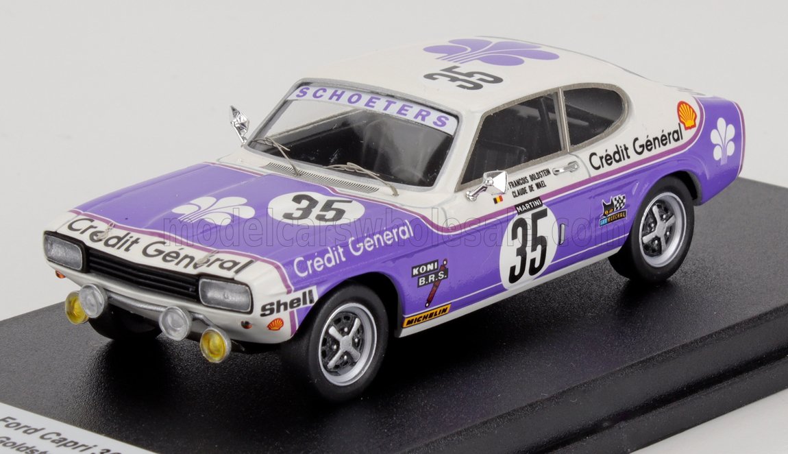 Ford Capri 2600 RS race car model in purple and white with Crédit Général logos, available on Vroomi