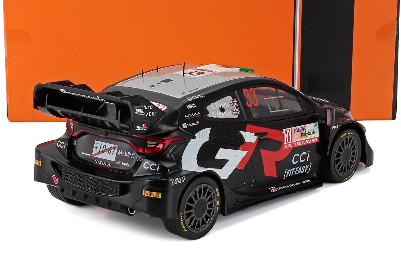 Scale model of black and gray Toyota Gazoo Racing rally car #33 with G R logo, available on Vroomi