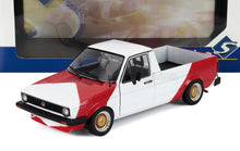 Red and white Volkswagen pickup model car with gold rims, collectible available on Vroomi