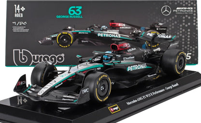 MERCEDES GP - F1  W15 EQ PERFORMANCE TEAM AMG PETRONAS MOTORSPORT N 63 SEASON 2024 GEORGE RUSSELL - WITH PILOT AND SHOWCASE - BLACK SILVER GREEN