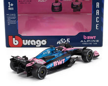 1/43 scale BWT Alpine Formula One car model in pink and blue, collectible available on Vroomi