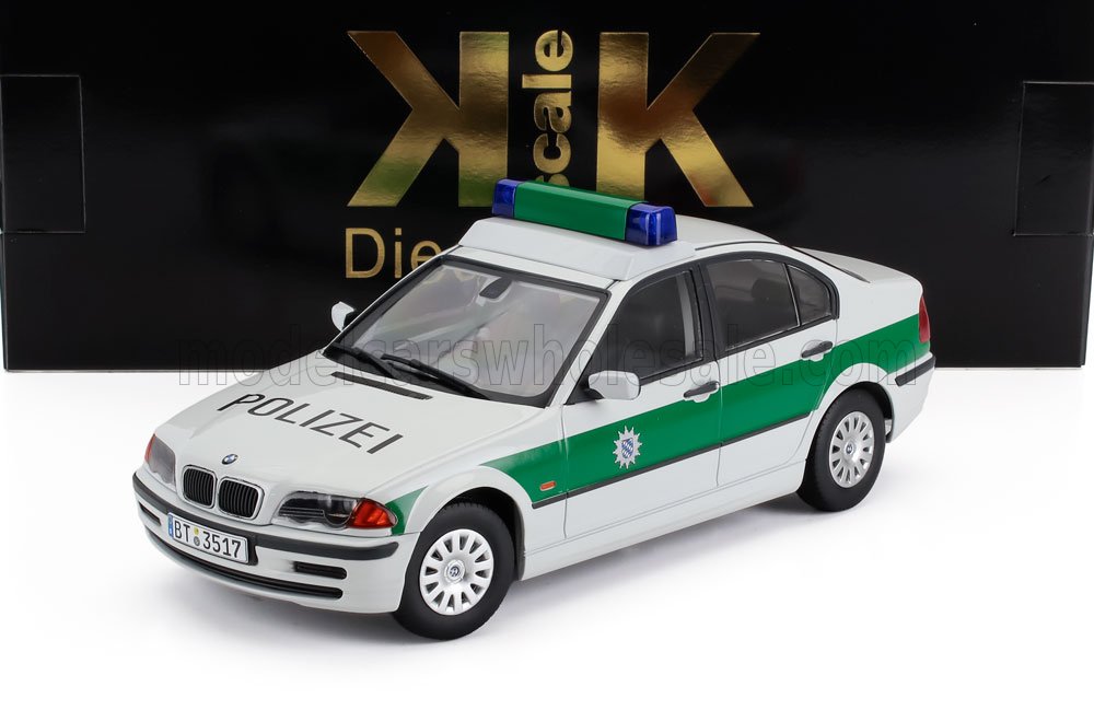 1:18 scale German Polizei BMW model car with green stripe and siren, available on Vroomi platform