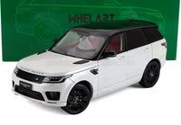 Modellino in scala Range Rover Sport bianco con cerchi neri, esposto da Vroomi per collezionisti