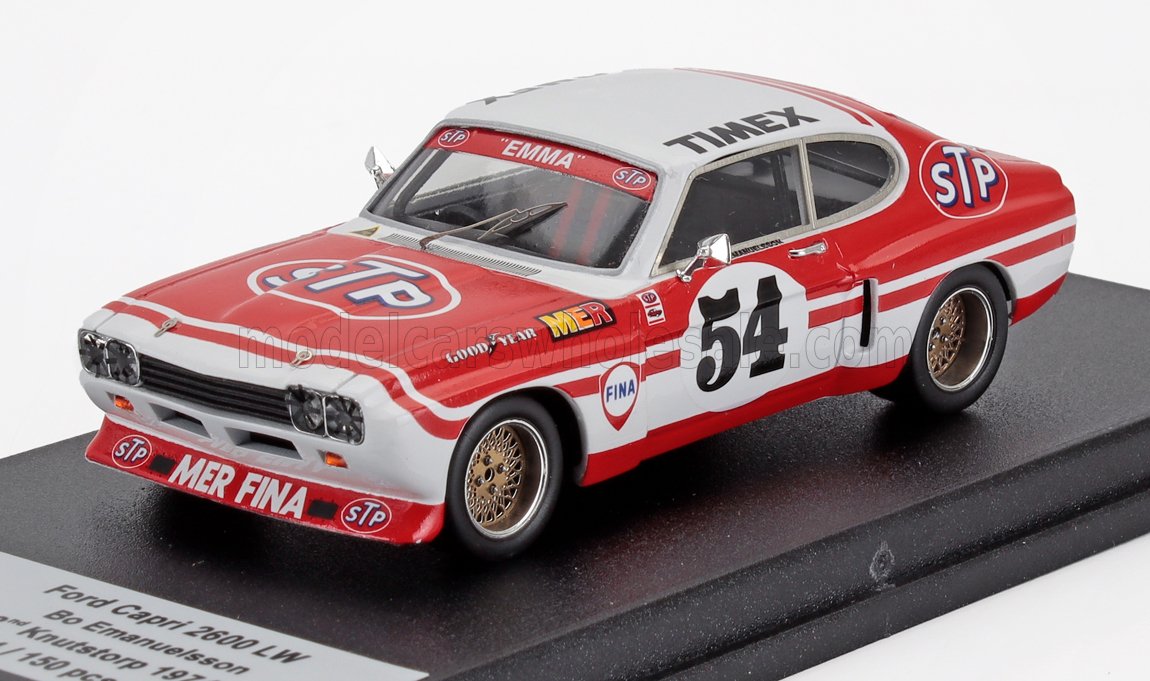 Red and white Ford Capri 2600 LW race car model number 54 with STP and MER FINA logos, available on Vroomi