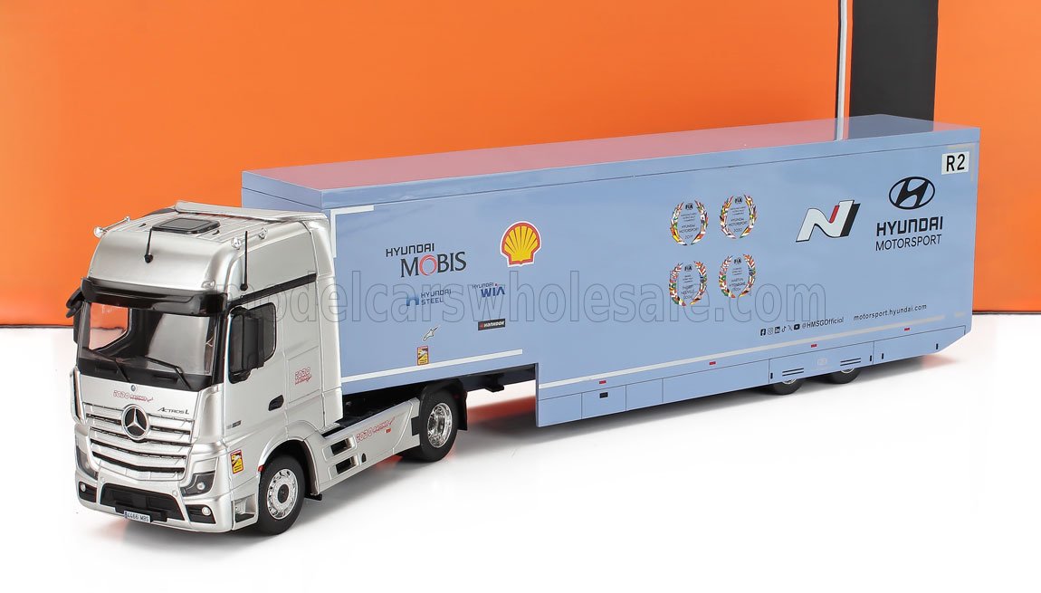 Mercedes-Benz Actros MP4 1851 Bigspace Car Transporter Hyundai Shell Mobis WRT Rally 2024 Light Blue White IXO Models 1:43 scale model