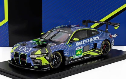 Blue and green BMW M4 GT3 race car with Skechers branding on display, now purchasable through Vroomi