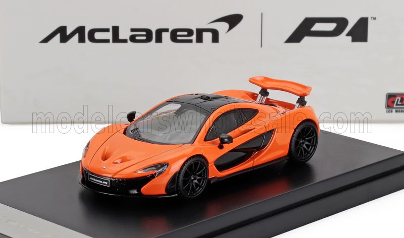 Orange McLaren P1 model car with black details on display stand, also offered on Vroomi