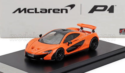Orange McLaren P1 model car with black details on display stand, also offered on Vroomi