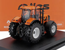 Detailed Renault tractor scale model die-cast replica in orange and black, showcased on a black base, available at Vroomi