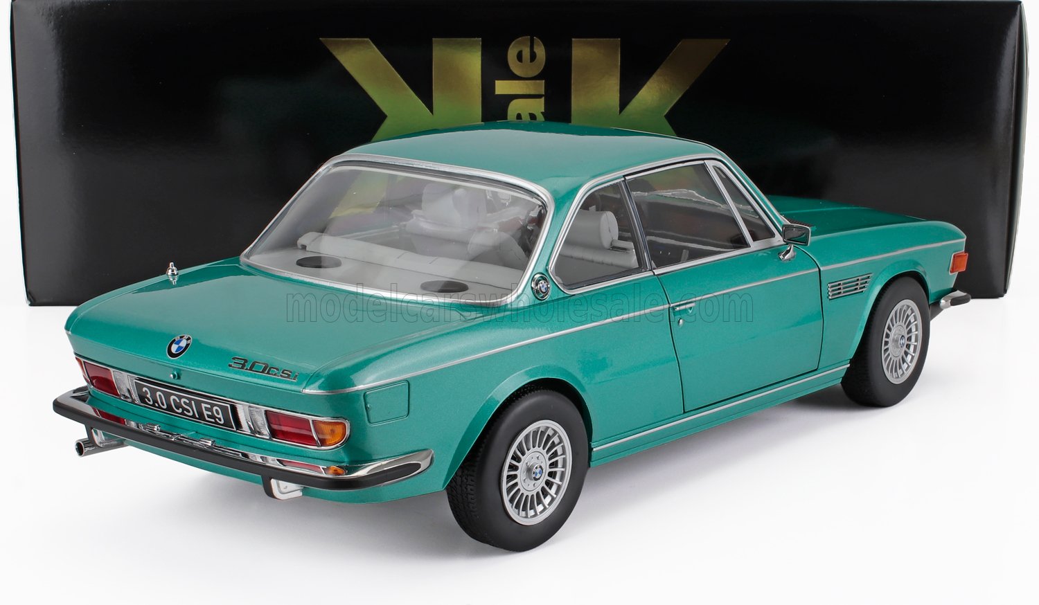 Turquoise BMW 3.0 CSI E9 classic model car with chrome details, available through Vroomi