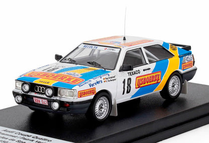 Modelo de carro de rali Audi Coupé Quattro com decoração IJSBOERKE, número 18, disponível na Vroomi