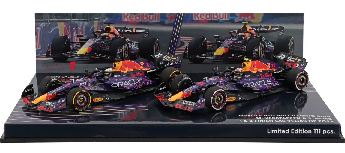 Red Bull RB19 Set 2x Oracle Red Bull Racing No. 1 Max Verstappen World Champion Winner Las Vegas USA GP + No. 11 3rd Las Vegas USA GP Sergio Perez 2023 Minichamps 1:43 scale model