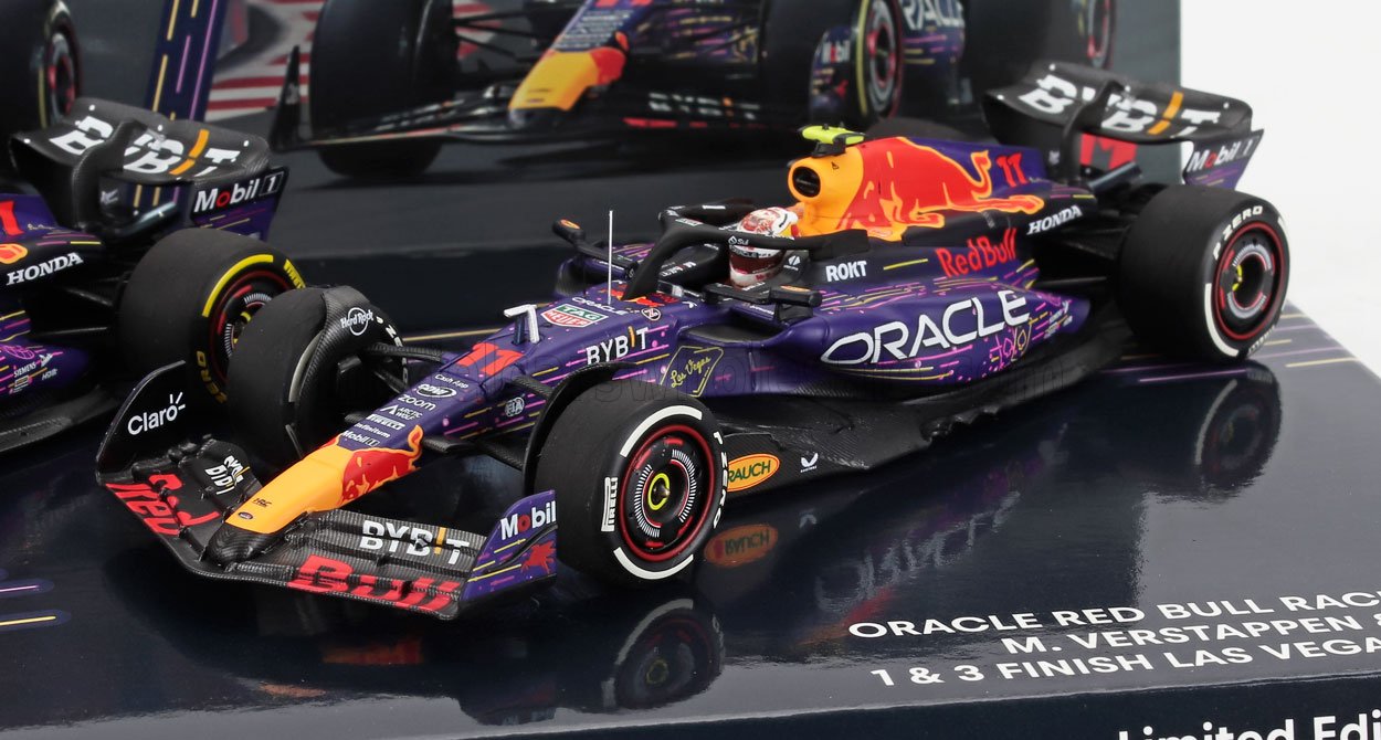 RED BULL - SET 2X F1  RB19 TEAM ORACLE RED BULL RACING N 1 WORLD CHAMPION WINNER LAS VEGAS USA GP 2023 MAX VERSTAPPEN + N 11 3rd LAS VEGAS USA GP 2023 SERGIO PEREZ - PURPLE YELLOW RED