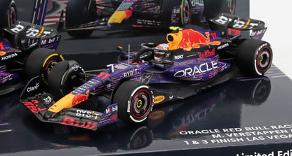 RED BULL - SET 2X F1  RB19 TEAM ORACLE RED BULL RACING N 1 WORLD CHAMPION WINNER LAS VEGAS USA GP 2023 MAX VERSTAPPEN + N 11 3rd LAS VEGAS USA GP 2023 SERGIO PEREZ - PURPLE YELLOW RED