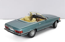 1/18 scale model Mercedes-Benz 380 SL convertible in teal, detailed interior, currently offered on Vroomi