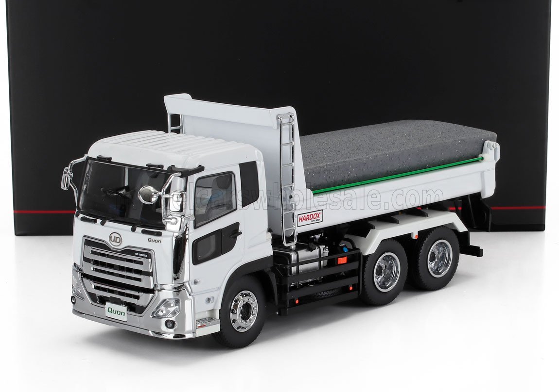 White UD Quon dump truck model with Hardox bed, detailed design available through Vroomi platform