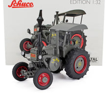 Schuco 1:32 scale Lanz Bulldog tractor die-cast model with grey body and red wheels, available at Vroomi