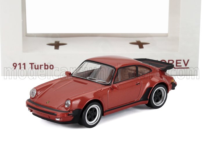 Red Porsche 911 Turbo model car with black spoiler and detailing, available through Vroomi