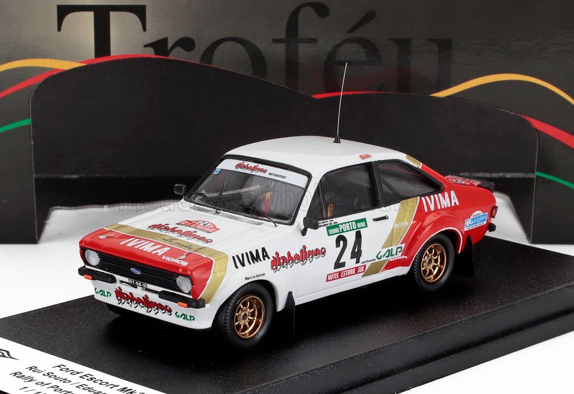 Scale model of Ford Escort Mk2 rally car number 24 with red, white, gold livery and sponsors, available on Vroomi