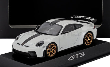 White Porsche GT3 model car with black racing stripe and gold wheels on a display stand available at Vroomi