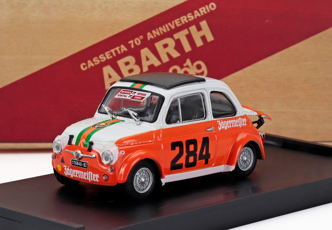 FIAT - 500 ABARTH 695SS TEAM MERANO CORSE JAGERMEISTER N 284 RALLY COLLE DELLA MADDALENA 1973 RENATO MENAPACE - WHITE ORANGE GREEN Scale model car on Vroomi
