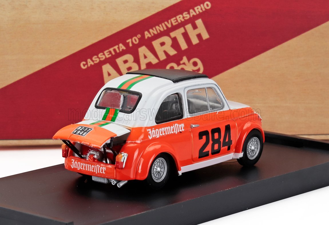 FIAT - 500 ABARTH 695SS TEAM MERANO CORSE JAGERMEISTER N 284 RALLY COLLE DELLA MADDALENA 1973 RENATO MENAPACE - WHITE ORANGE GREEN Scale model car on Vroomi